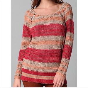 Free People Desert Moon Sweater Open Knit Red Stripe Cotton XS Fishermancore